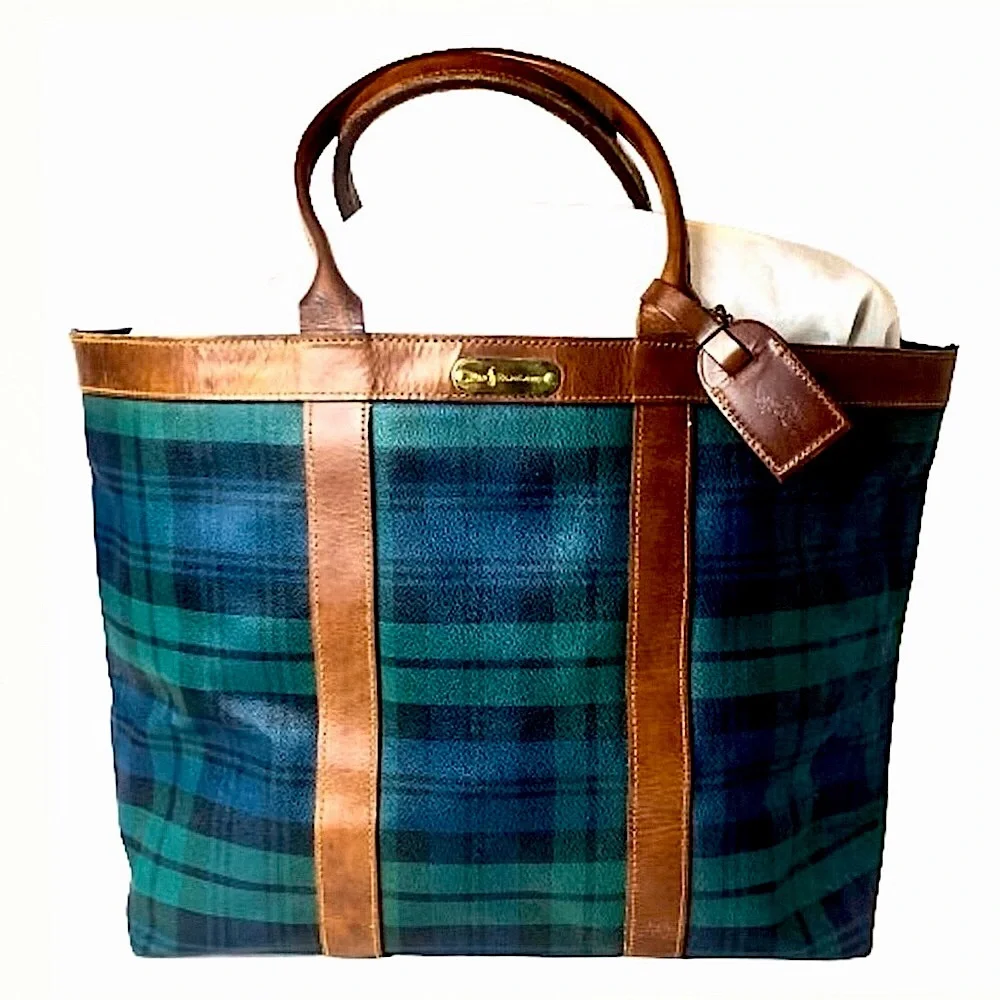 RALPH LAUREN Black Watch Plaid Oversized Coated Canvas Brown Leather Travel Bag